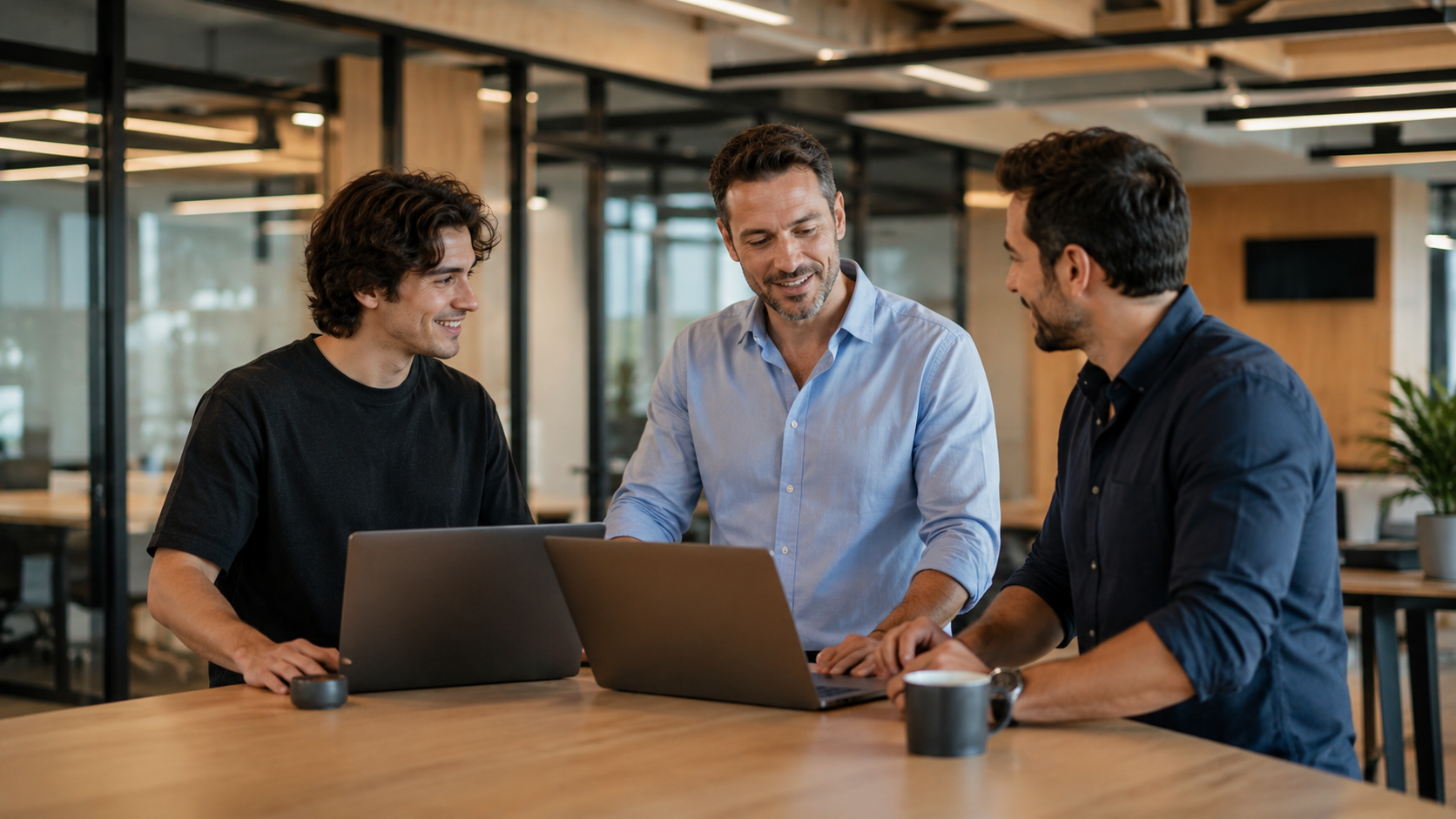 Founders colaborando em torno de laptops em ambiente corporativo moderno