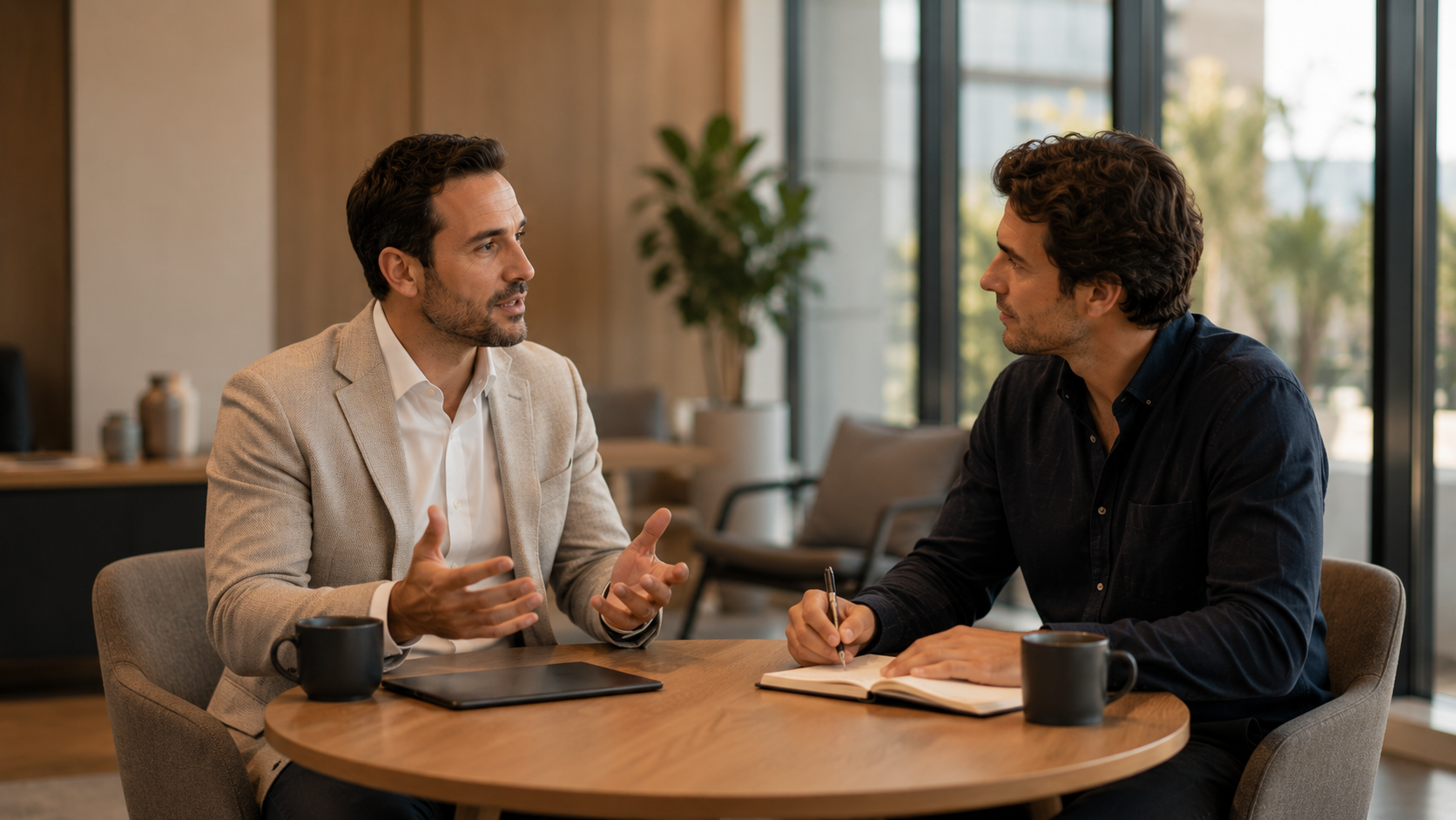 Consultor Zuvia em reunião consultiva com founder para estruturação de rodada