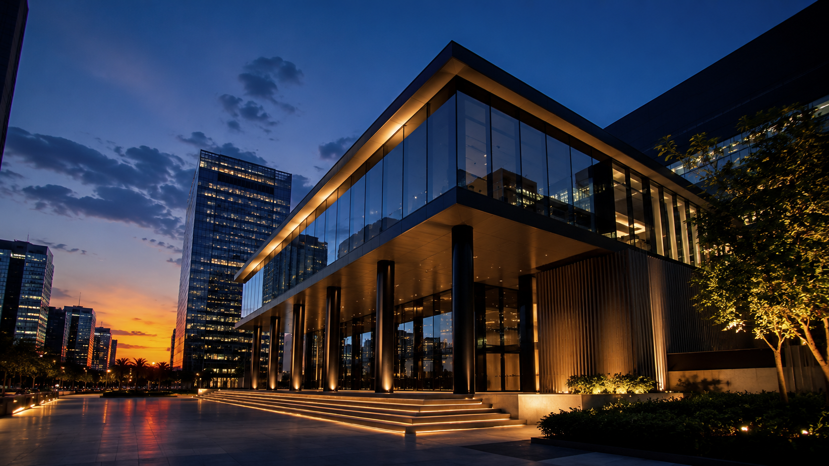Fachada institucional moderna do mercado financeiro ao entardecer